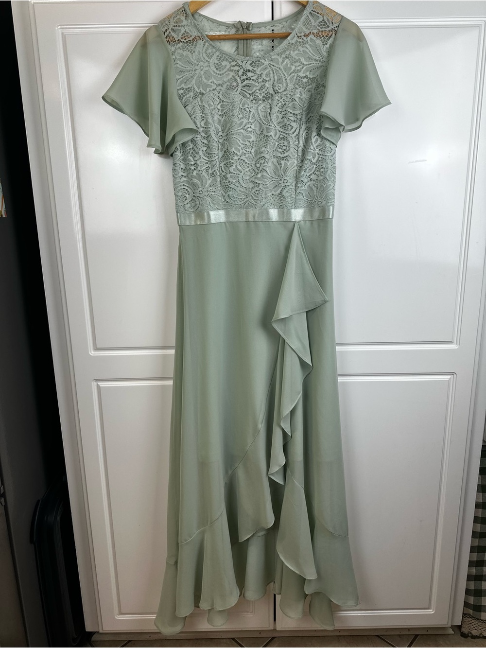 Sage Green Lace Bodice Maxi Dress with Ruffle Skirt